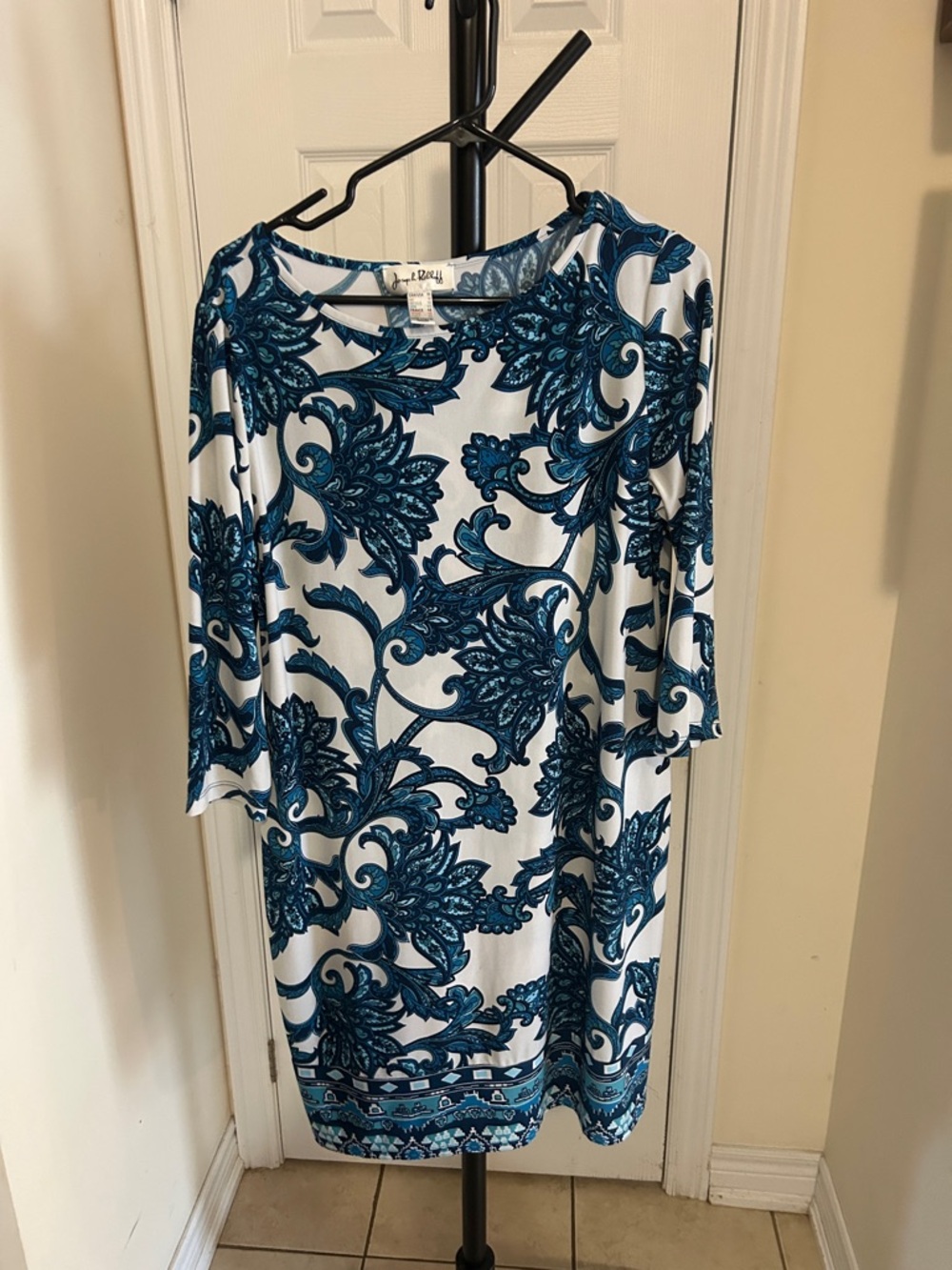 Joseph Ribkoff White Dress with Teal Scroll Floral Print